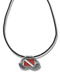 Deep Sea Fossils Silver Pewter Megalodon Shark Jaw Necklace with Diver Down Flag