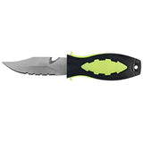 NLA/New 420 Stainless Steel BCD Scuba Diving Knife with Sheath & Bolt/Nut Screw-On System for Mounting on Hose, Fabric or Webbing - Pointed Tip (Neon Yellow)