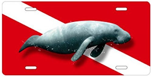 Marine Sports Manufacturing New Aluminum Scuba Diving License Plate - Florida Manatee on Red and White Dive Flag