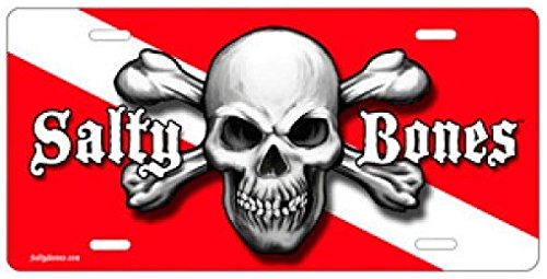 Marine Sports Manufacturing New Aluminum Scuba Diving License Plate - Salty Bones Skull & Crossbones on Dive Flag