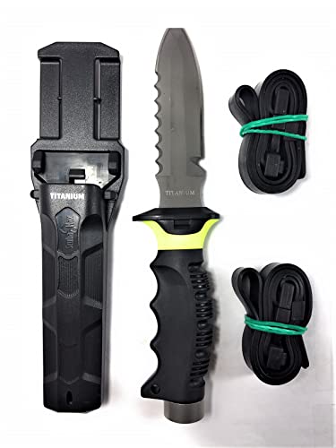 Full Size Blunt Tip Titanium Scuba Diving Knife with 2 Straps & Sheath (Yellow)