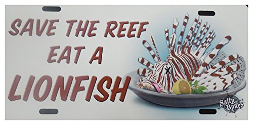 New Salty Bones Aluminum Scuba Diving License Plate - Save the Reef & Eat a Lionfish