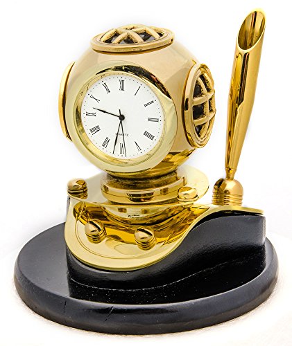 Innovative Scuba Concepts Brass Diver Helmet Clock Pen Holder for Scuba Diver, GP5130