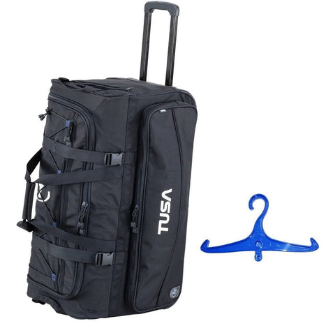 TUSA Dive Gear Roller Duffle Bag in Black w/DiveCatalog's Sticker & Blue BCD and Regulator Hanger