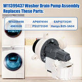 W11399437 Washer Drain Pump Assembly Fit for Whirlpool Washing Machine, Replacement W11259498 4961028 AP6974144 PS12731241 EAP12731241 Hanyu B25-3A04