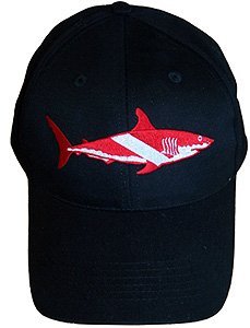 New Embroidered Megalodon Great White Shark Cap - Black with Dive Flag Shark/FBM