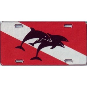 New Scuba Diving Aluminum License Plate - 3 Dolphins on Dive Flag