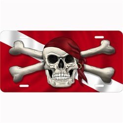 New Salty Bones Aluminum Scuba Diving License Plate - Skull with Bandanna & Crossed Bones on Dive Flag