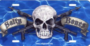 New Salty Bones Pirate Scuba Diving License Plate - Skull on Blue Water with Crossed Spearguns