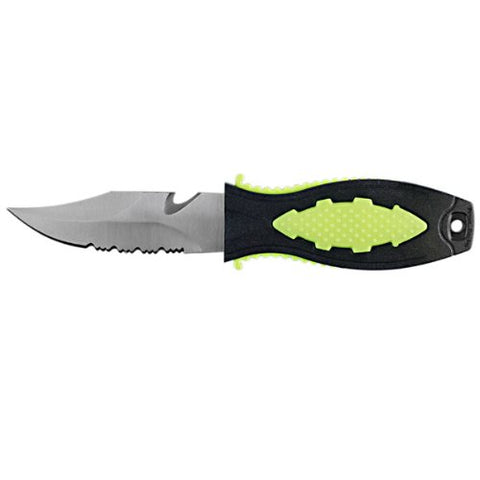 NLA/New 420 Stainless Steel BCD Scuba Diving Knife with Sheath & Bolt/Nut Screw-On System for Mounting on Hose, Fabric or Webbing - Pointed Tip (Neon Yellow)