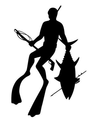 Deep Sea Fossils Scuba Diving Vinyl Decal Car Sticker with Spearfishing Free Diver Carrying Speargun and Tuna - 4.69" x 7.01"