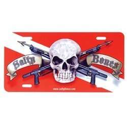 New Salty Bones Aluminum Scuba Diving License Plate - Skull & Crossed Guns on Dive Flag