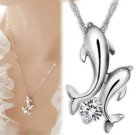 MyScubaShop Fashion Necklace with Double Dolphins Pendant and Austrian Crystal
