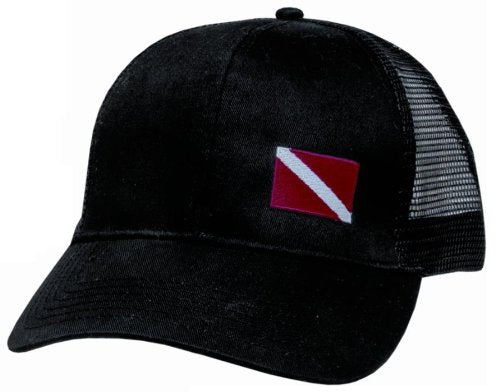 New Mesh Back Design Scuba Diving Cap with Embroidered Diver Down Flag - Black/FBM