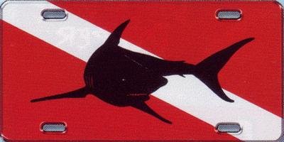 Trident New Dive Flag License Plate with Megalodon Great White Shark