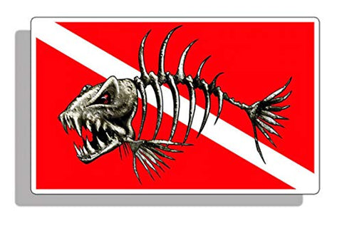 Scuba Diving Vinyl Decal Car Sticker with Bonefish Fish Skeleton on Diver Down Flag - 5.12" x 3.15"
