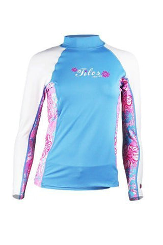 New Tilos Womens 6oz Anti-UV Long Sleeve Rash Guard (Large) for Scuba Diving, Snorkeling, Swimming & Surfing - Blue/White