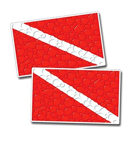 Scuba Diving Vinyl 2 Decal Car Stickers with Bubbles on Diver Down Flag (Qty: 2) - 3.90" x 2.91"