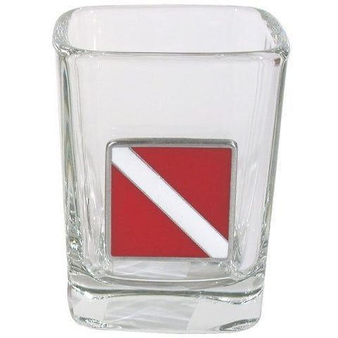 New Large Square Shot Glass with Pewter Red & White Diver Down Flag for Scuba Divers, Snorkelers and Water Lovers