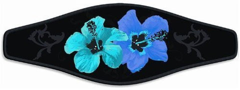 New Comfortable Neoprene Strap Wrapper for Your Scuba Diving & Snorkeling Mask - Blue Hibiscus with Black Background