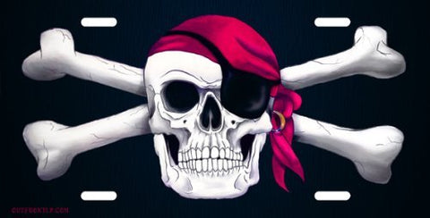 New Pirate Scuba Diving License Plate - Jolly Roger with Bandanna, Eye Patch & Bones on Black