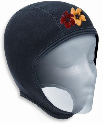 New Scuba Diver 1mm Neoprene Sport Beanie with Hibiscus Design for Boatwear and Watersports - Black (Small/Medium)/FBM