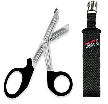 Innovative New Safety and Rescue Scuba Diver EMT Scissors Shears with Sheath & Male Connector - Stealthy Midnight Black