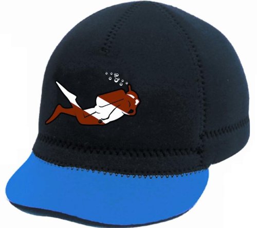 New Neoprene Squid Lid Baseball Cap for Boatwear, Watersports or Scuba Diving with Diver Image - Black/Royal Blue (Size Small)