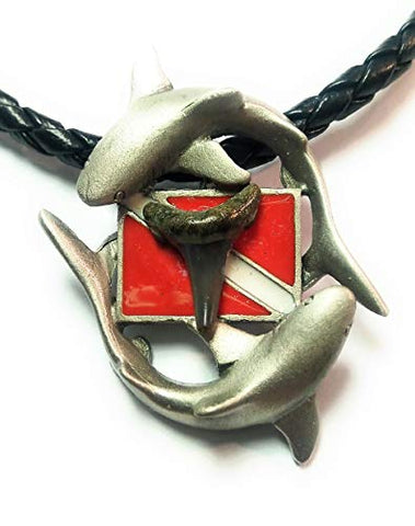 New Silver Pewter Diver's Down Flag Necklace with Prehistoric Megalodon Fossil Shark Tooth