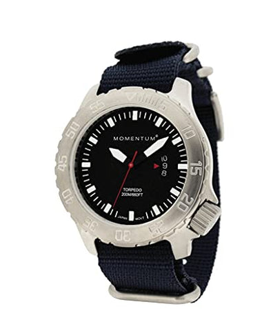 Men’s Sports Watch | Torpedo Dive Watch by Momentum | Stainless Steel Watches for Men | Water Resistant (200M/660FT) Classic Watch - Black W/Blue Web Band / 1M-DV74B7U