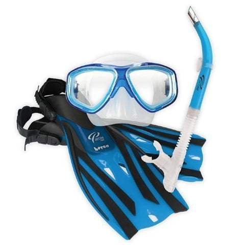 Ocean Pro New Oceanic Eclipse Mask, Drop Away Snorkel, Heron Fins & Carry Bag - Sea Mist Blue (Size Small to Medium 4-8)/LID