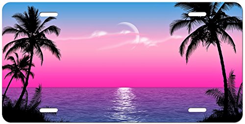 Marine Sports Manufacturing New Aluminum Scuba Diving License Plate - Pink Sunset with Palms and Beach