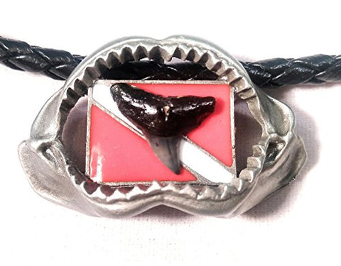 New Silver Pewter Megalodon Shark Jaw Necklace with Diver Down Flag and Prehistoric Megalodon Fossil Shark Tooth